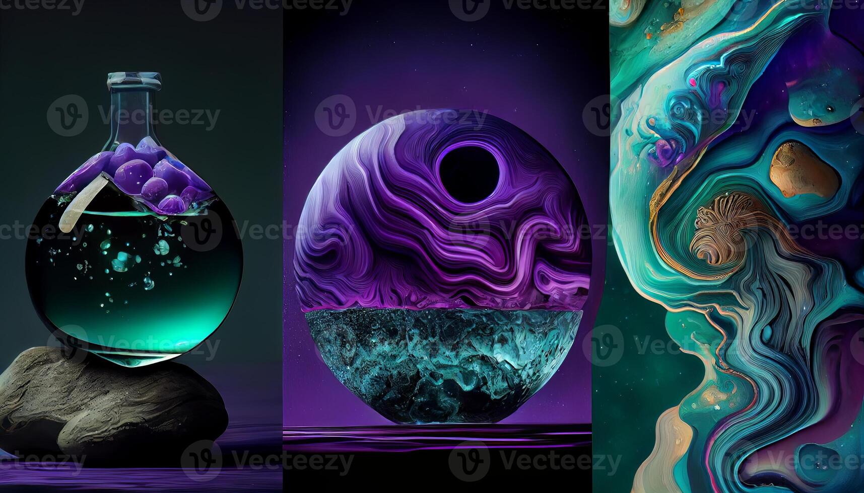 A Stunning Display of Molten Malachite, Amethyst, and Lapis Lazuli in a Dynamic and Organic Geological Formation Illustration photo