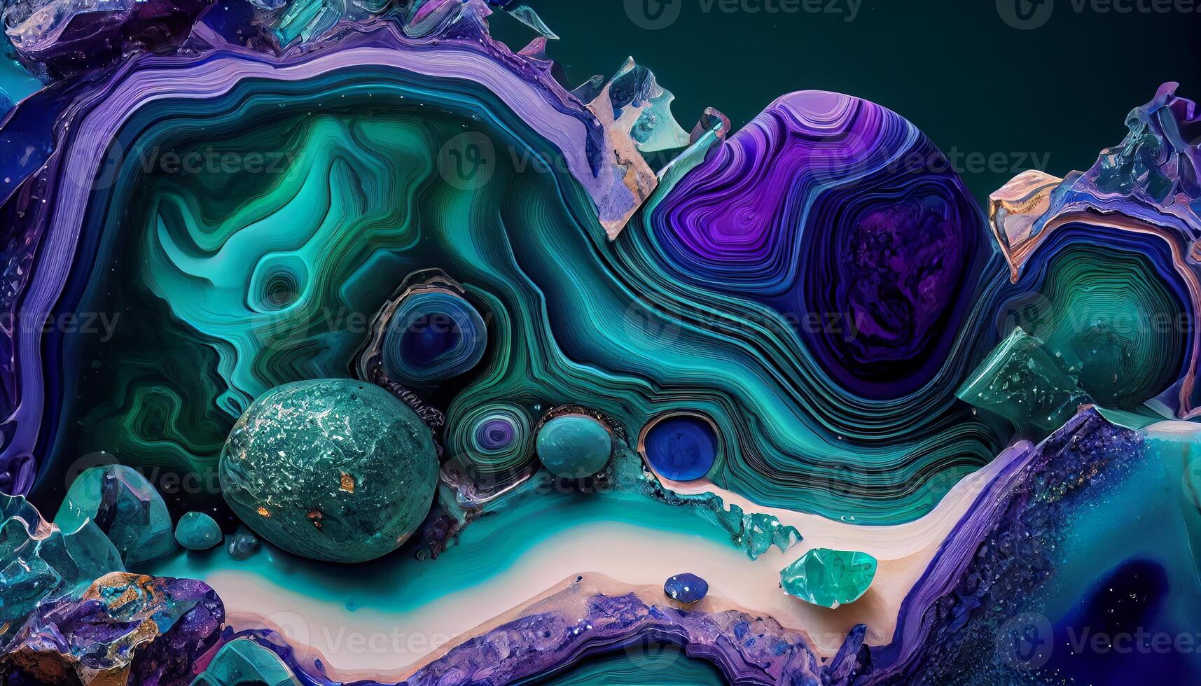 A Stunning Display of Molten Malachite, Amethyst, and Lapis Lazuli in a Dynamic and Organic Geological Formation Illustration photo