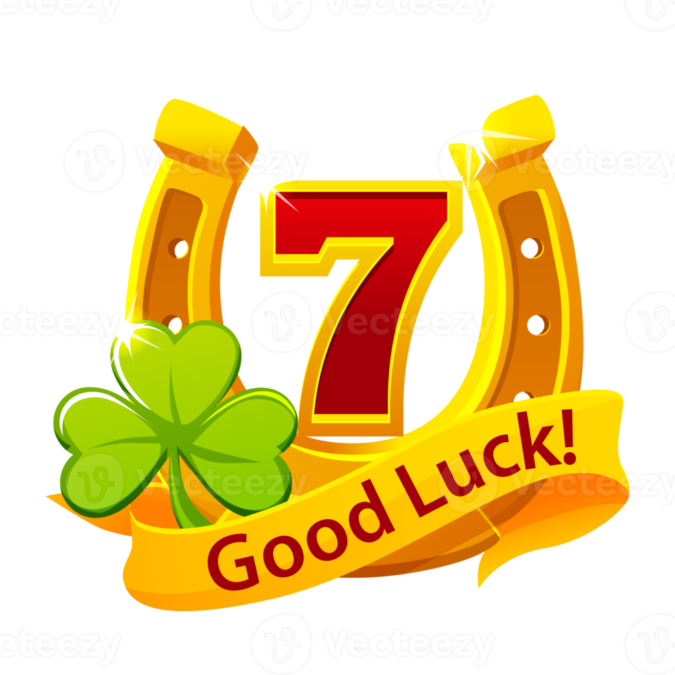 Clover, Golden Horseshoe and 7. Good luck symbol text on award ribbon png