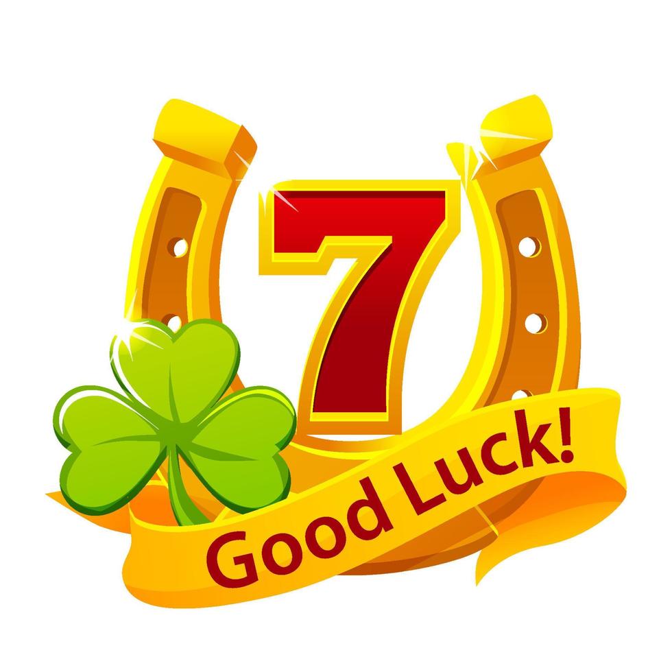 Clover, Golden Horseshoe and 7. Good luck symbol text on award ribbon. vector