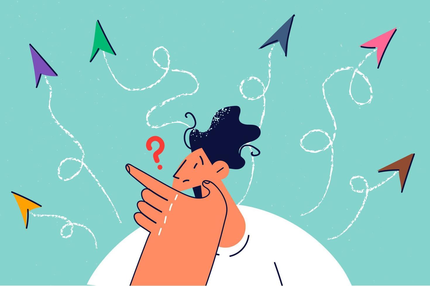 Confused man with arrows facing different directions. Frustrated male feel doubtful looking for solution or problem solving. Dilemma. Vector illustration.