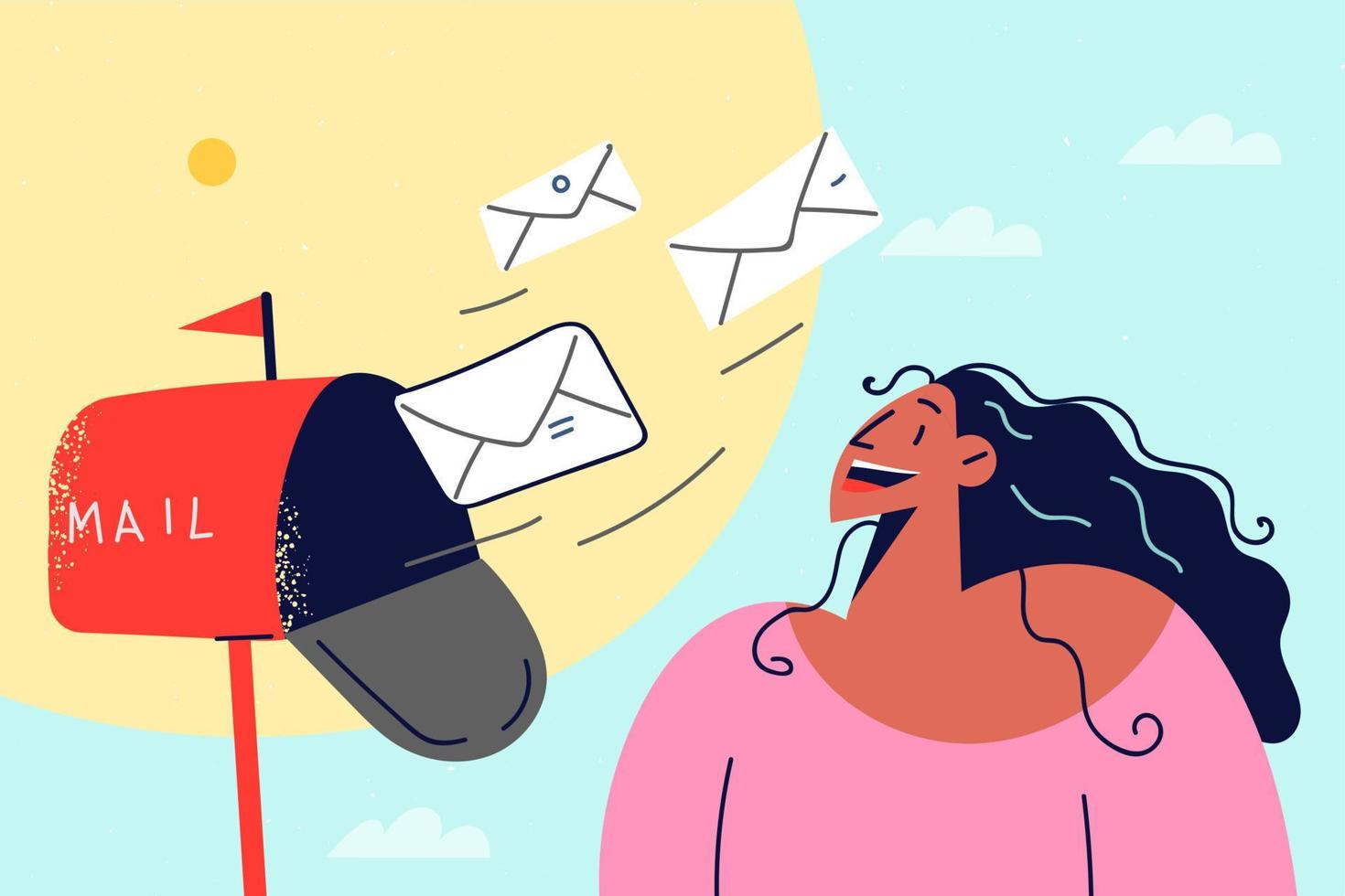 Excited woman open mailbox receive numerous post letters. Happy girl get postal correspondence or notifications at mail box. Vector illustration.