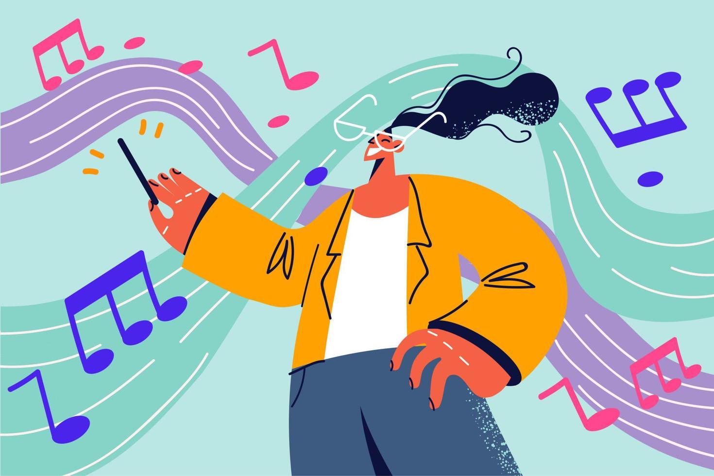 sonriente mujer con batuta en manos dirigir orquesta. contento hembra conductor con palo jugar música en concierto salón. ocupación. vector ilustración.