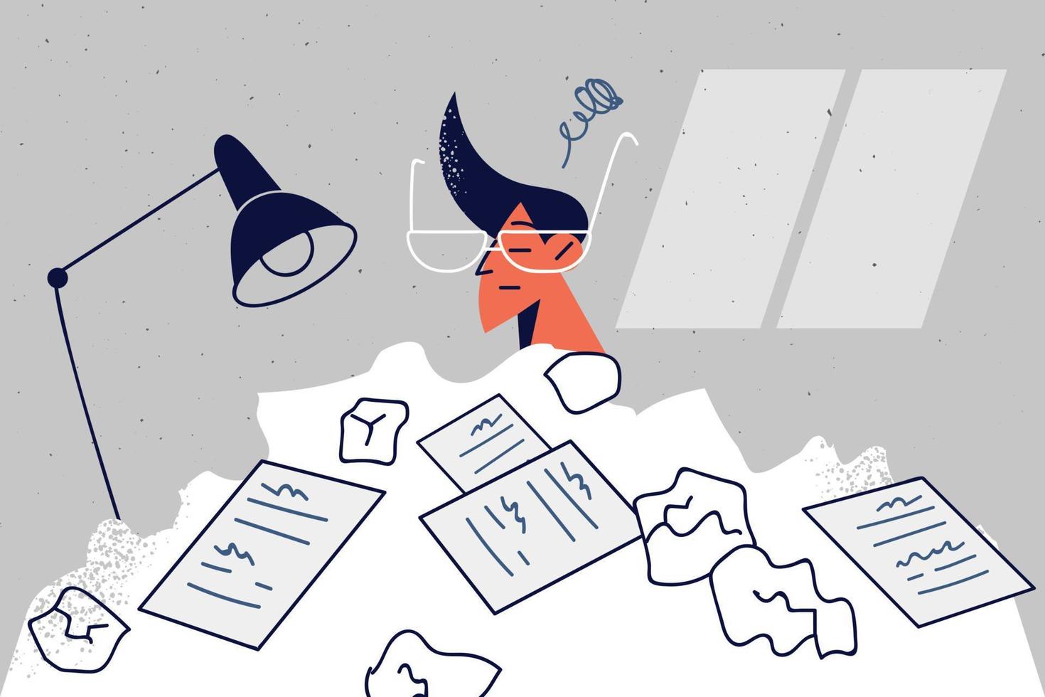 Male employee sit at desk with paper drafts overwhelmed with load. Stressed man with paperwork frustrated with workload. Overwork and fatigue. Vector illustration.