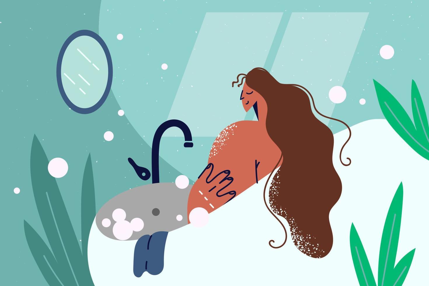 Happy naked woman sit in bathroom with bubbles on weekend. Smiling girl enjoy bath in tub on leisure day at home. Vector illustration.