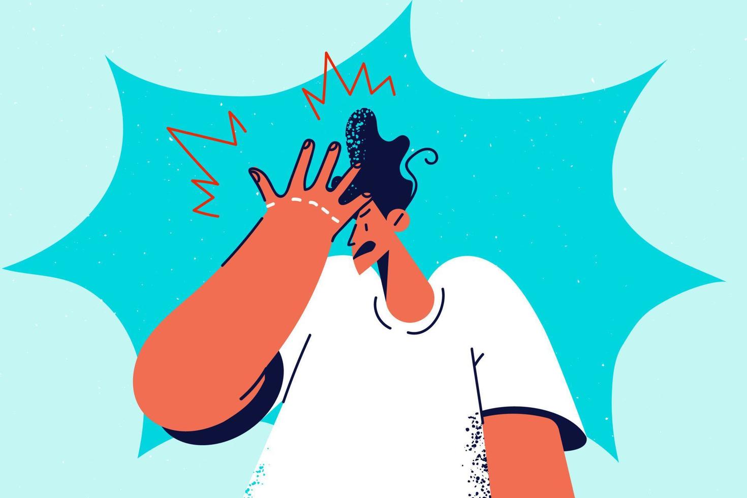 Frustrated man make face palm gesture remembering something. Confused guy feel embarrassed thinking or considering. Vector illustration.