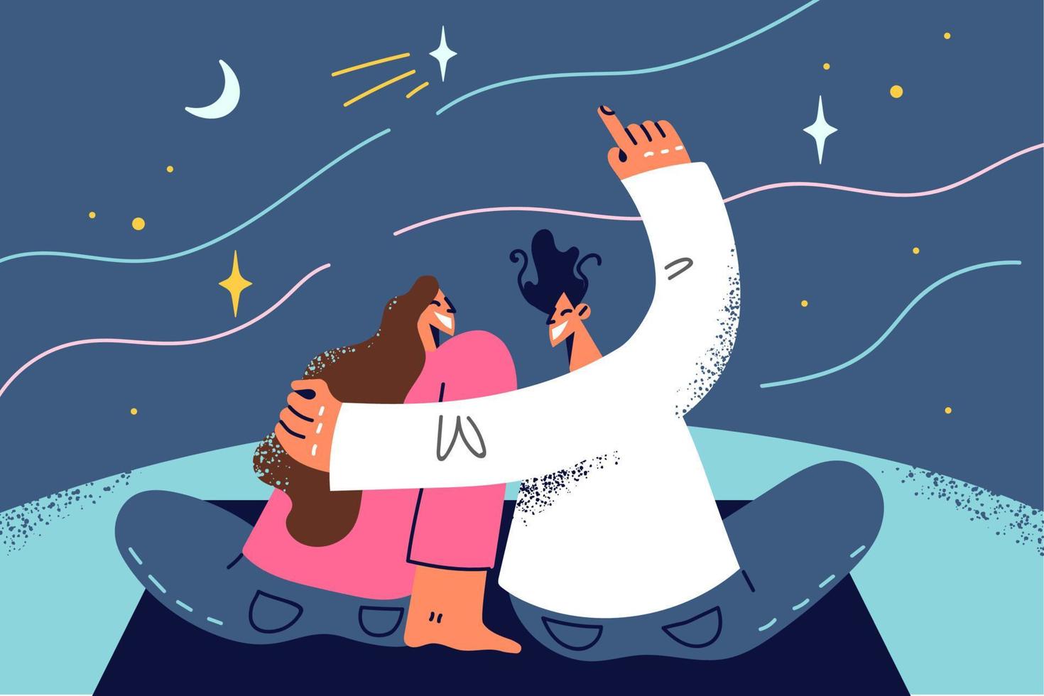 Happy couple sit on blanket in nature looking at stars at night. Smiling man and woman hug enjoy romantic date in evening. Vector illustration.