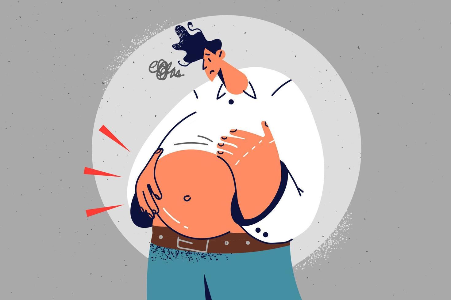 Overweight man with big belly suffer from excessive weight. Unhappy obese male touch abdomen struggle with obesity think of weight loss. Vector illustration.