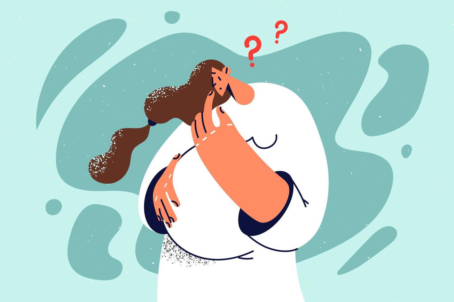 Confused pregnant woman touch belly look for problem solution. Future mother frustrated about dilemma or making decision. Pregnancy concept. Vector illustration.