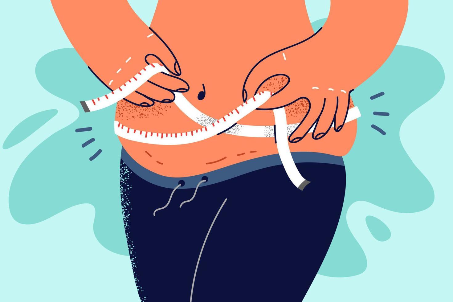 Closeup of overweight woman measure waist with tape. Fat female use measuring centimeter make body measurements before diet. Wight loss. Vector illustration.