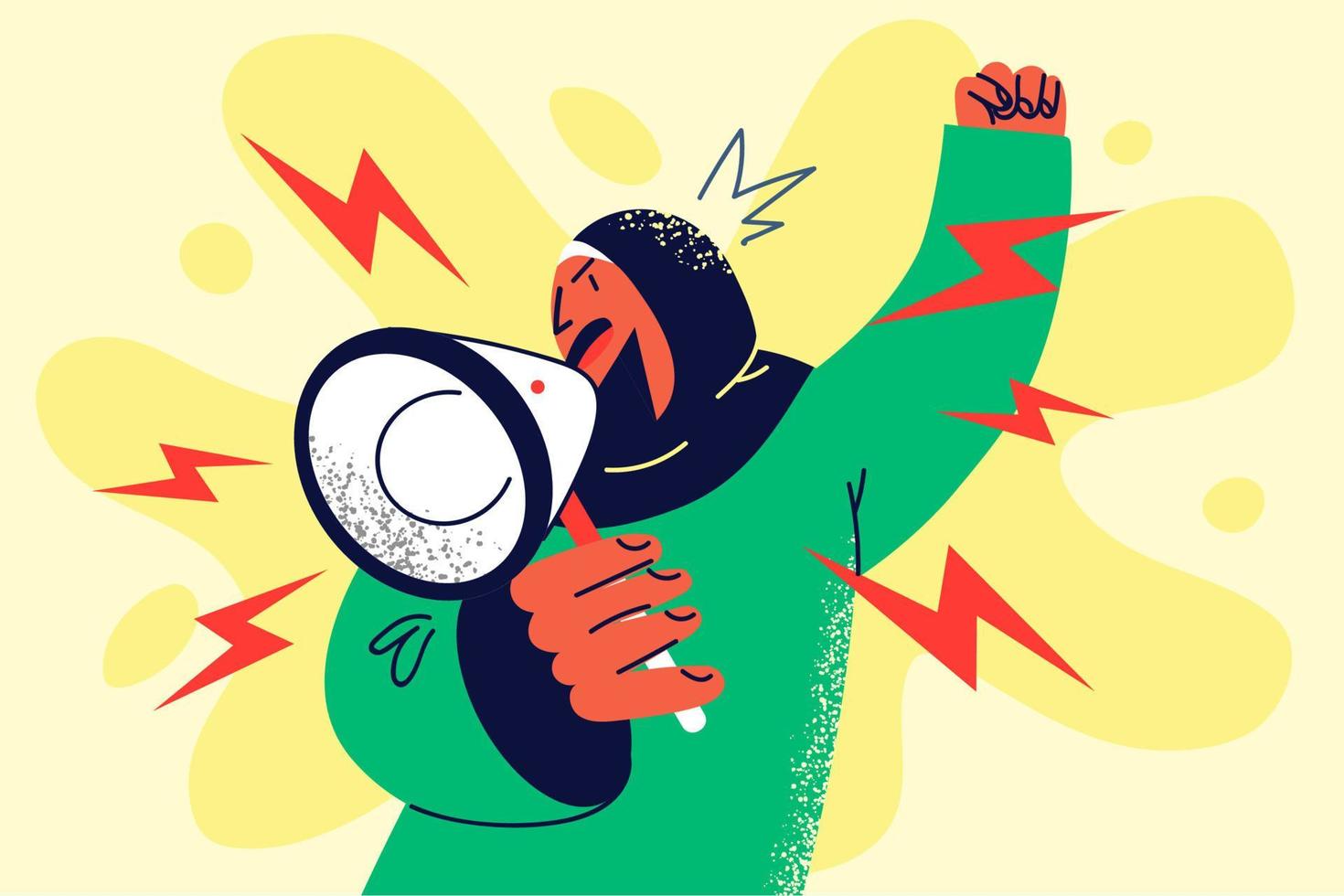 Furious woman in hijab scream in megaphone. Mad Arabic female activist or volunteer hold loudspeaker make announcement on protest or demonstration. Vector illustration.