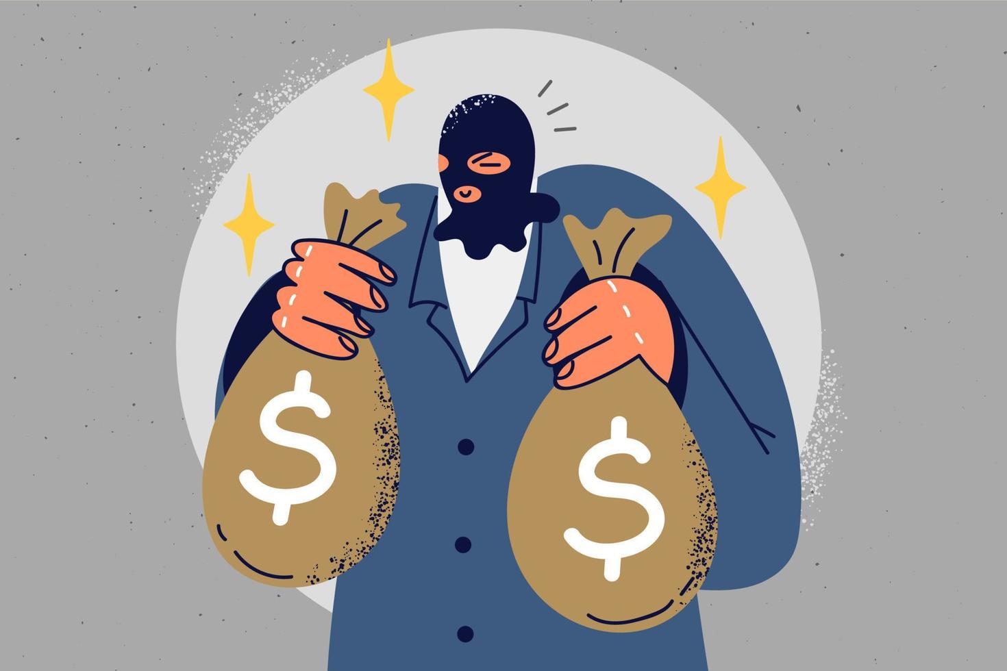 Male robber or burglar in facemask holding bags with money stolen. Man thief with cash packages in hands. Crime and burglary. Vector illustration.