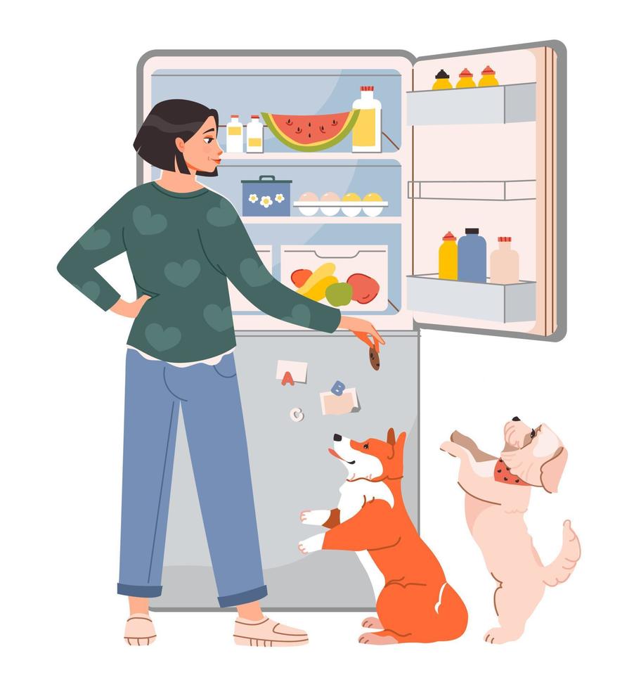 Pet owner. The woman opened the fridge with food and feeds the pets. Hungry woman checking refrigerator with food. Treats for dogs. Flat vector illustration.