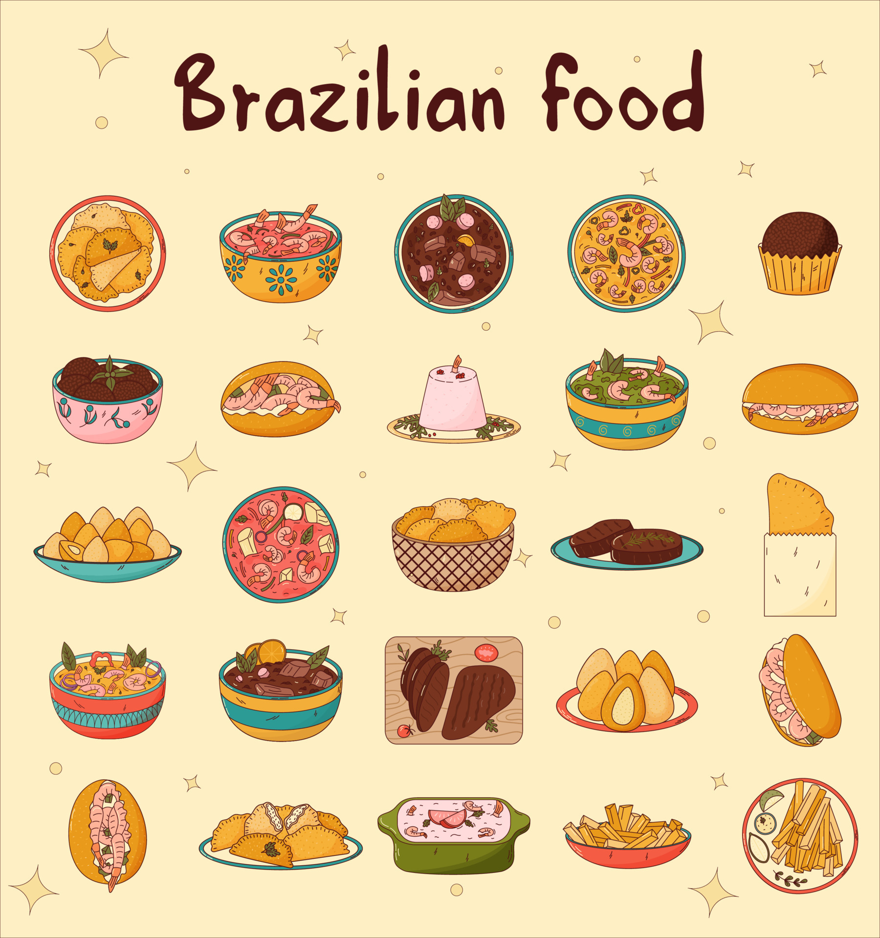 Set Of Brazilian Traditional Food Vector Illustration In Hand Drawn set-of-brazilian-traditional-food-vector-illustration-in-hand-drawn