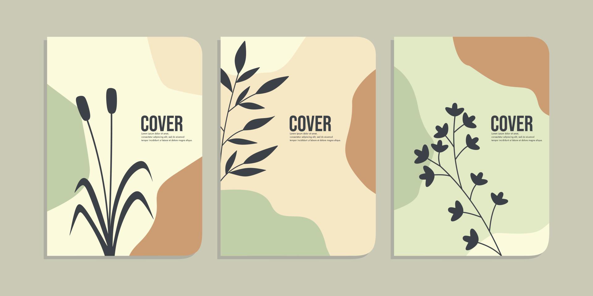 set of book cover designs with hand drawn foliage decorations. abstract retro botanical background. size A4 For notebooks, diaries, planners, brochures, books, catalogs vector