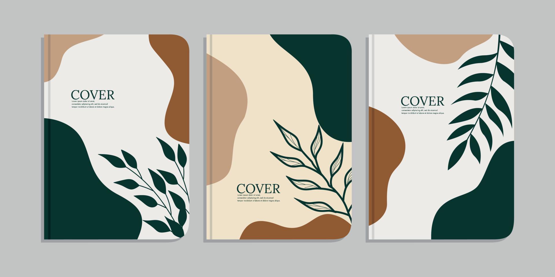 set of book cover designs with hand drawn foliage decorations. abstract retro botanical background. size A4 For notebooks, diaries, planners, brochures, books, catalogs vector