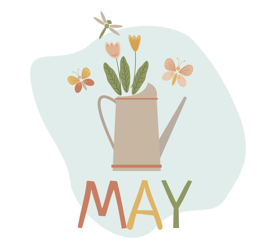 vector text May with cute funnel and flowers