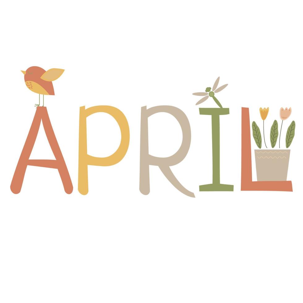 vector text April with flowers and bird