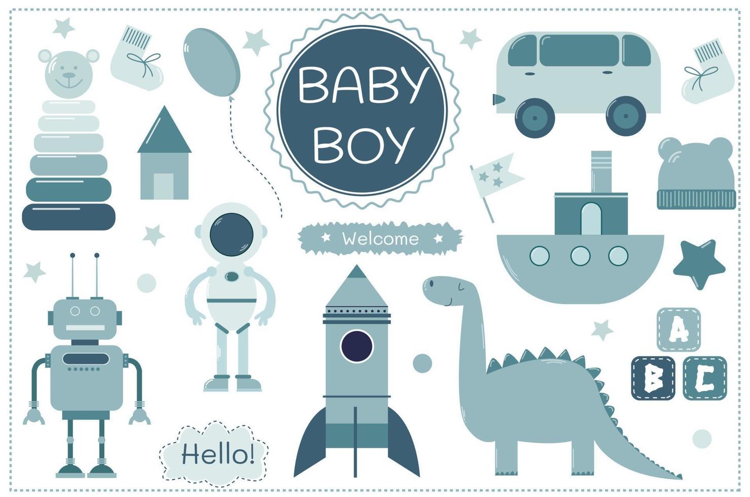 vector conjunto juguetes para bebé chico en azul color