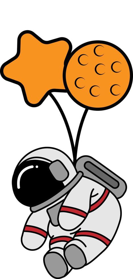 cute little astronaut, flying in a hot air balloon in the shape of a star and moon, advanced outer space technology illustration vector