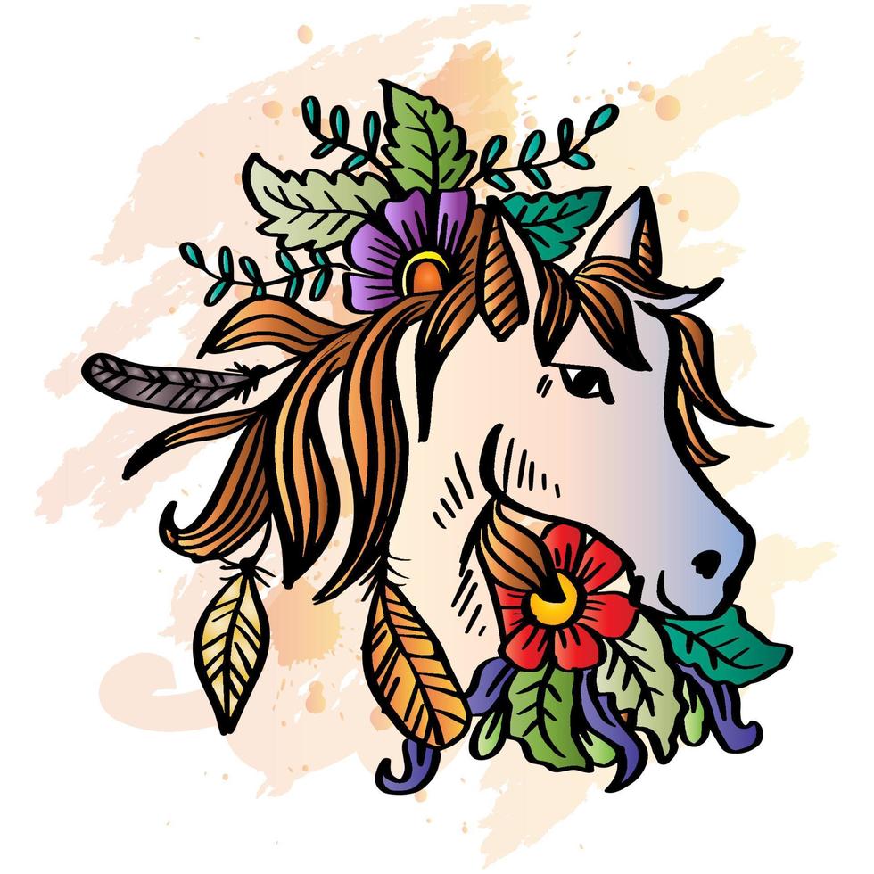 Drawing of horse head with floral decoration vector