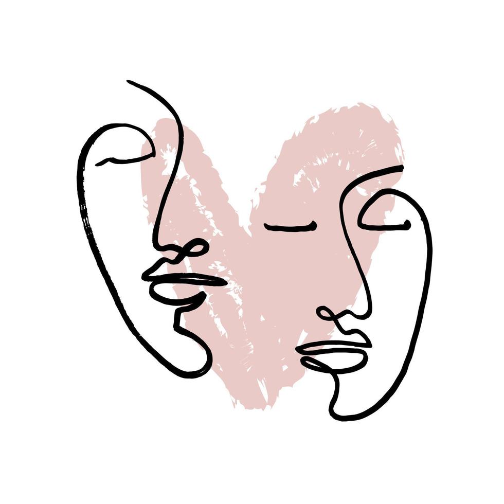 Love Valentines Day concept. Modern abstract line faces portrait, linear brush art. Inspirational fashion vector illustration.