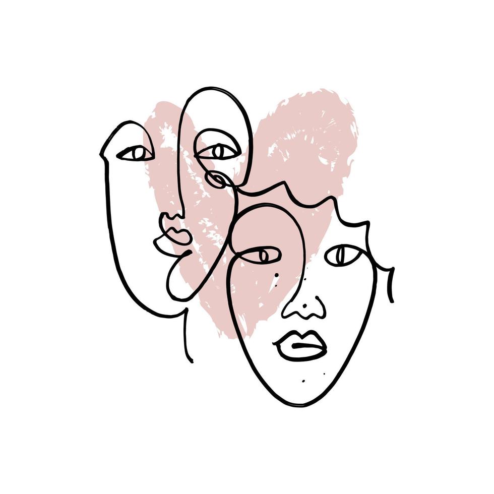 Hand drawing face line art in cubism style. Color print for clothes, textile and other. Vector illustration.