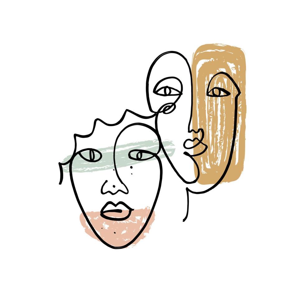 Hand drawing face line art in cubism style. Color print for clothes, textile and other. Vector illustration.