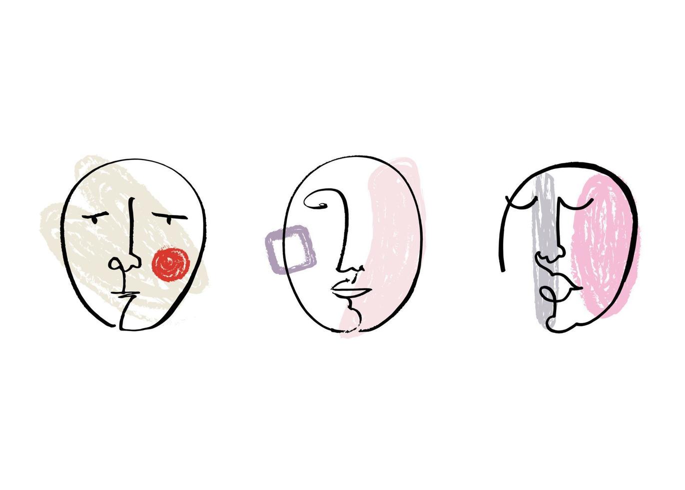 Hand drawing face line art in cubism style. Color print for clothes, textile and other. Vector illustration.