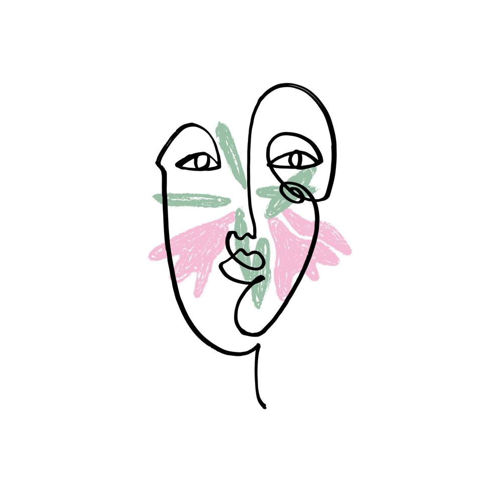 Hand drawing face line art in cubism style. Color print for clothes, textile and other. Vector illustration.