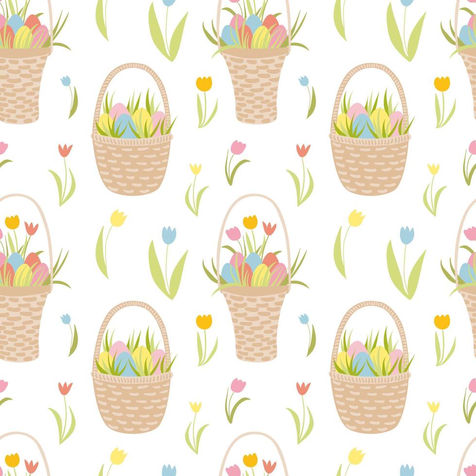 Easter basket with eggs seamless pattern. Hand drawn vector seamless pattern. Easter holiday decor. Wicker basket, coloured eggs, plants, tulips. Wrapping paper, holiday decor, home textile.