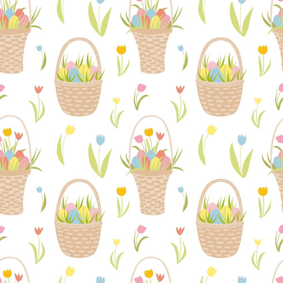 Easter basket with eggs seamless pattern. Hand drawn vector seamless pattern. Easter holiday decor. Wicker basket, coloured eggs, plants, tulips. Wrapping paper, holiday decor, home textile.