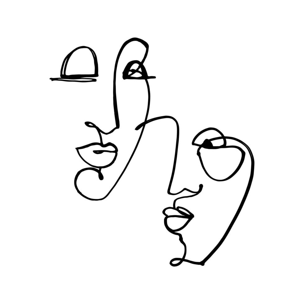 Line drawn black and white trendy face silhouette. Abstract contour. Print for clothes, textile and other. vector