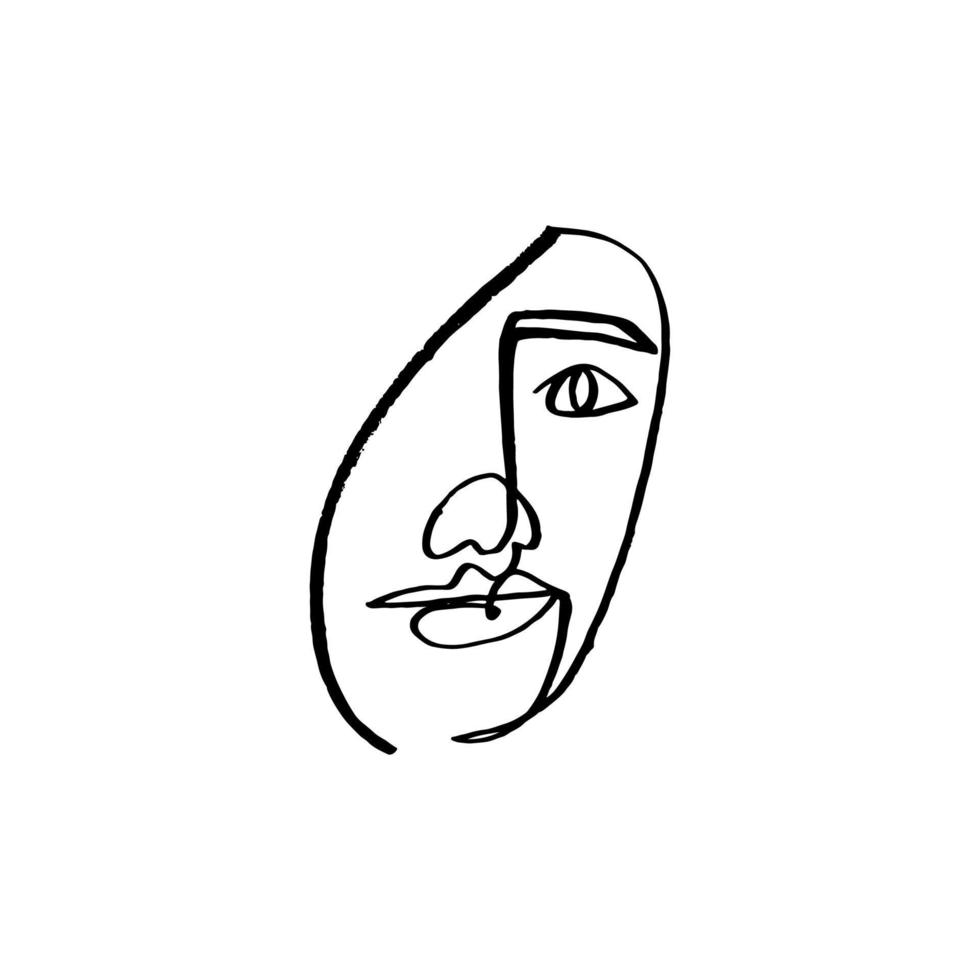 Line drawn black and white trendy face silhouette. Abstract contour. Print for clothes, textile and other. vector