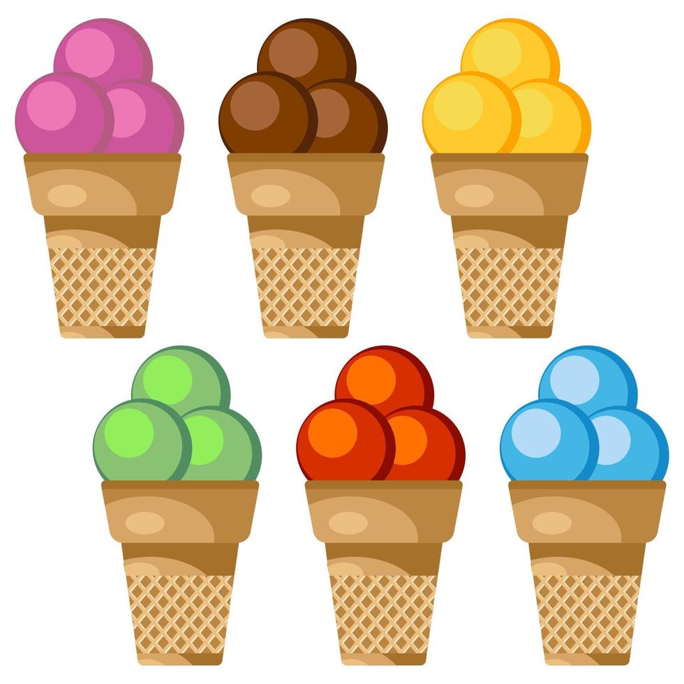 Set of vector illustration of ice cream. Waffle cups with three ice cream balls.