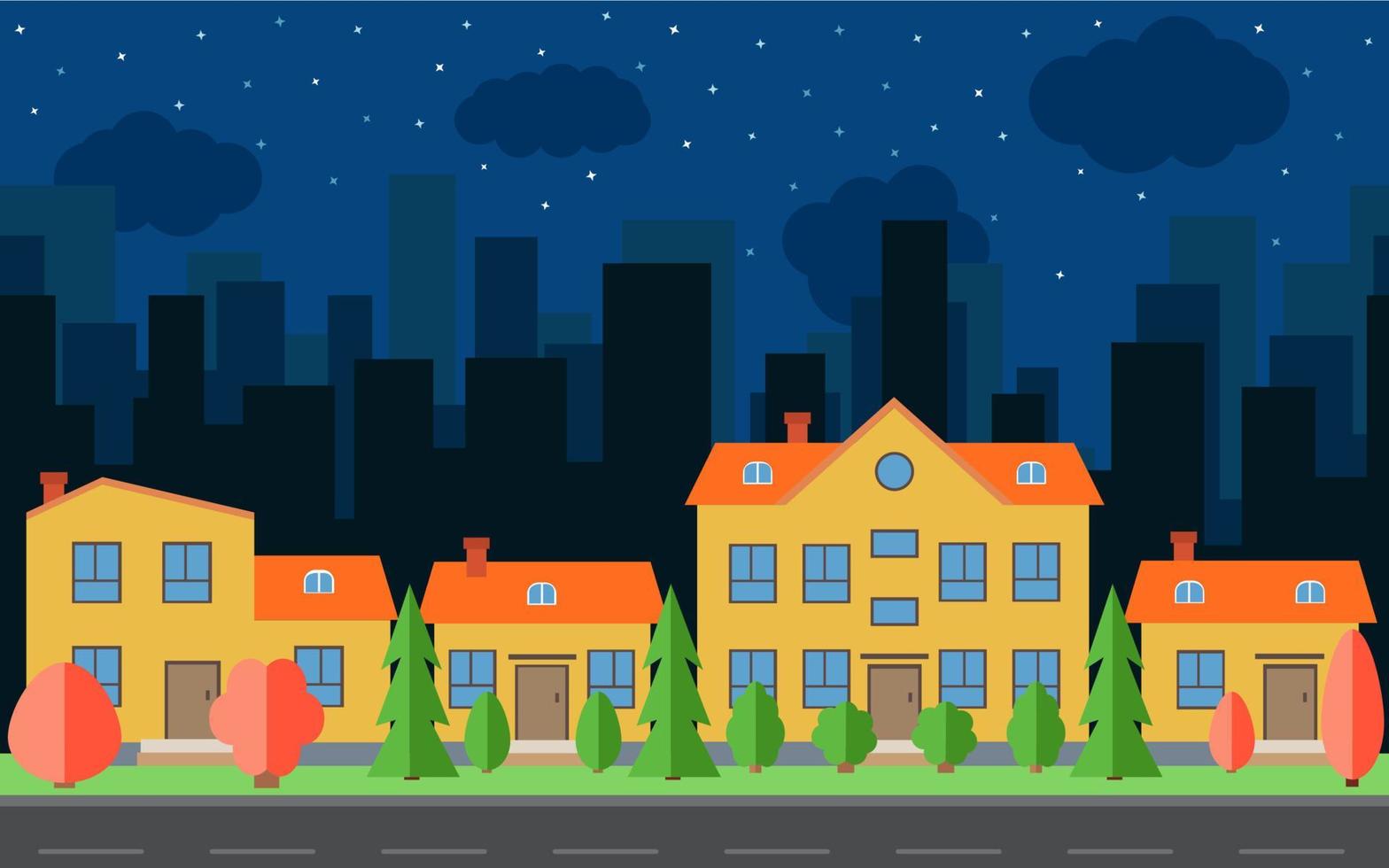 Vector night city with cartoon houses and buildings with red and green trees and shrubs. City space with road on flat style background concept. Summer urban landscape. Street view with cityscape