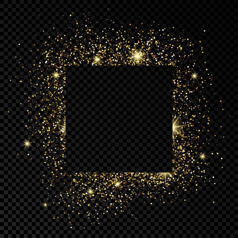 Square frame with golden glitter on dark background. Empty white background. Vector illustration.