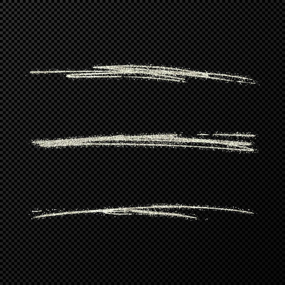 Abstract shiny confetti glittering waves. Set of three hand drawn brush silver strokes on black vector