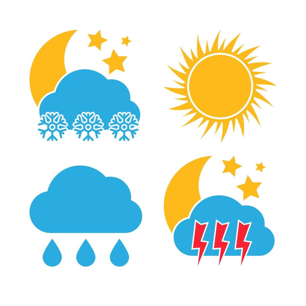 Set of four Weather Icons. Multicolored icons for different weather conditions. Vector illustration.