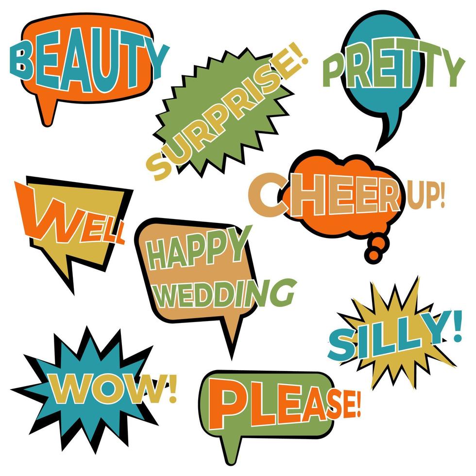 Set of nine cartoon comic balloon speech bubbles in flat style. Elements of design comic books with different phrases. Vector illustration