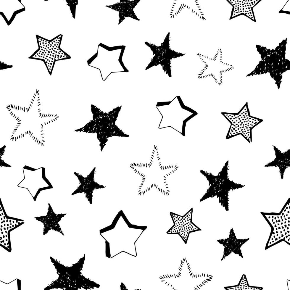 Seamless background of doodle stars. Black hand drawn stars on white background. Vector illustration