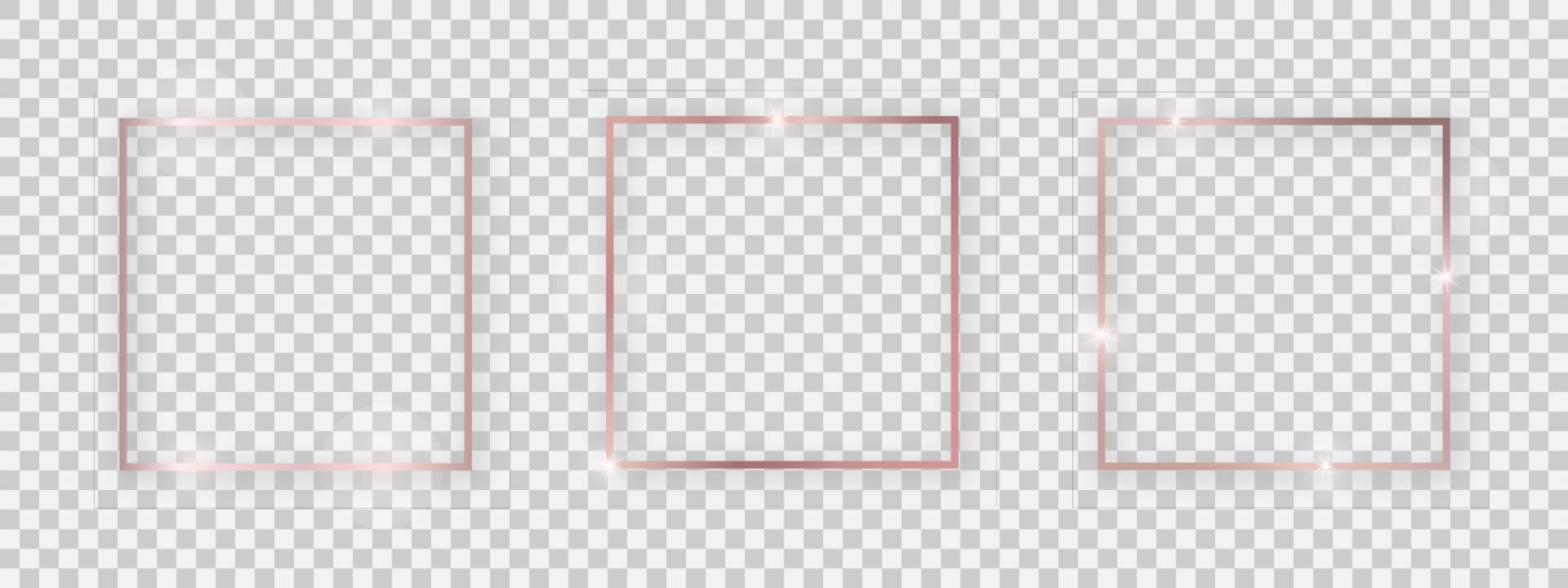 Square shiny frames with glowing effects. Set of three rose gold square frames with shadows vector