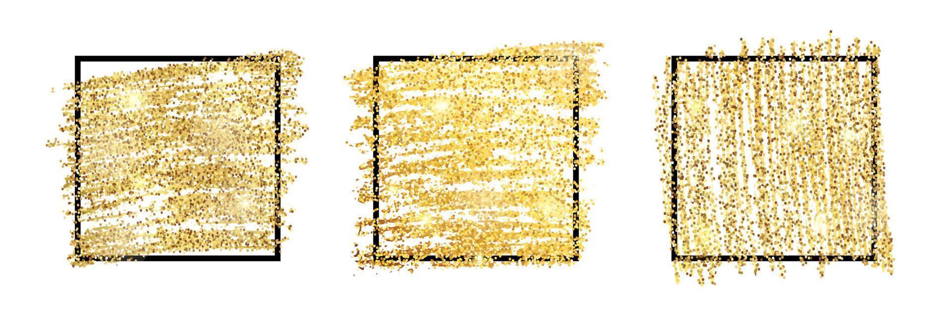conjunto de Tres dorado pintar reluciente telones de fondo con negro cuadrado marcos en un blanco antecedentes. antecedentes con oro destellos y Brillantina efecto. vacío espacio para tu texto. vector ilustración