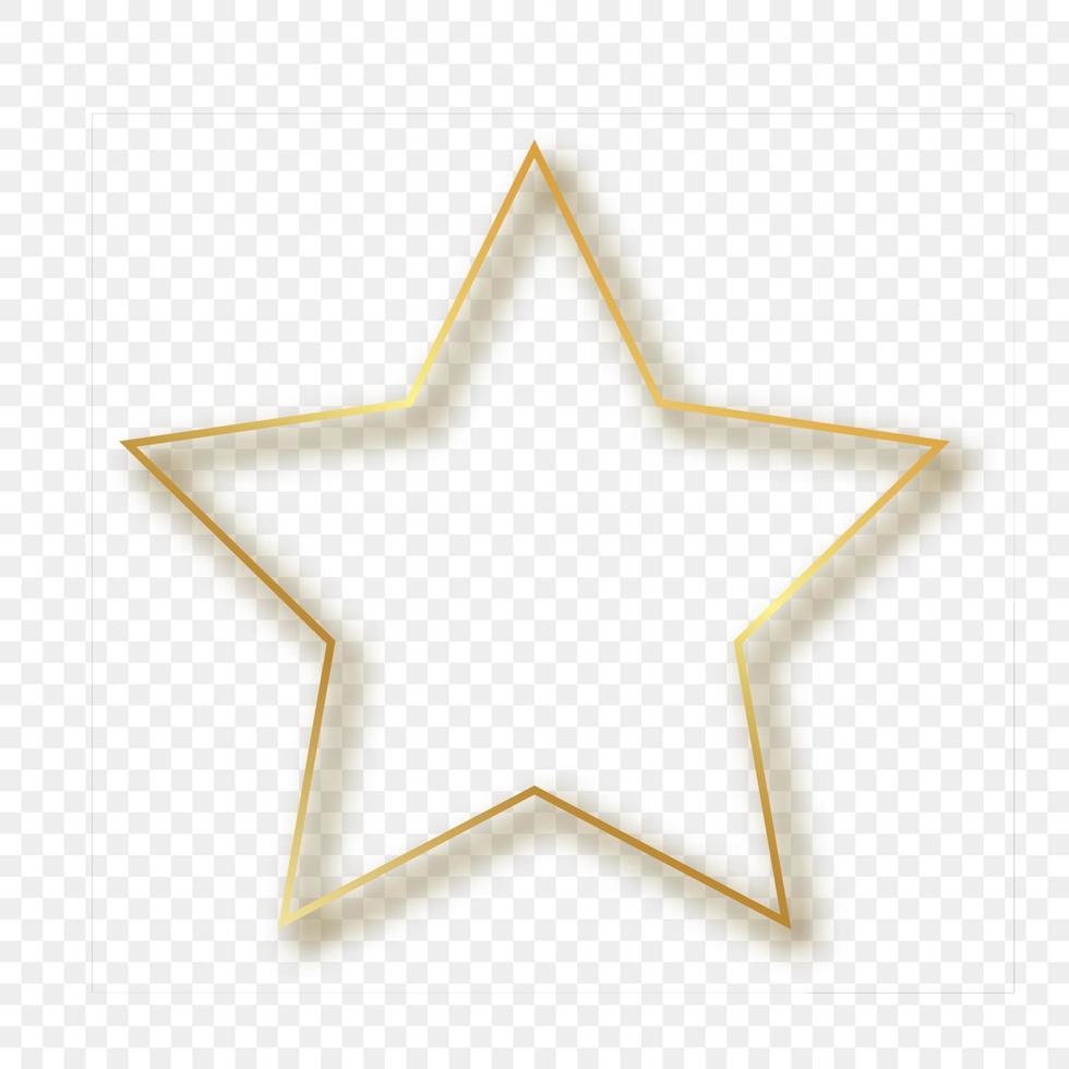 Gold glowing star shape frame with shadow isolated on background. Shiny frame with glowing effects. Vector illustration.