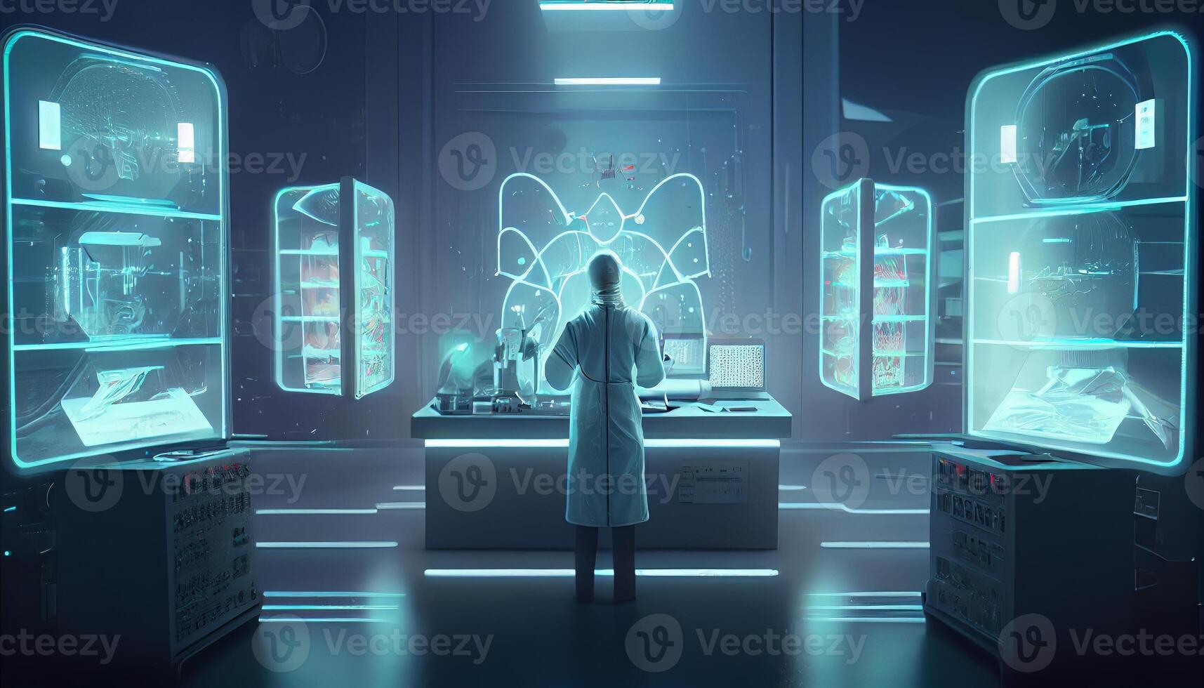 A scientist conducts experiments in the laboratory neon colored illustration for design photo