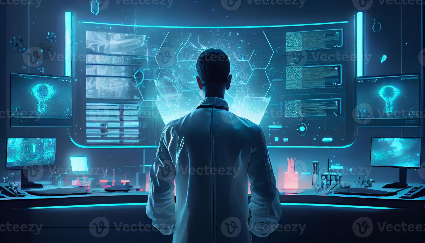 A scientist conducts experiments in the laboratory neon colored illustration for design photo