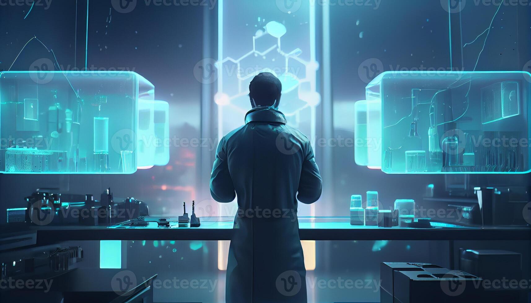 A scientist conducts experiments in the laboratory neon colored illustration for design photo