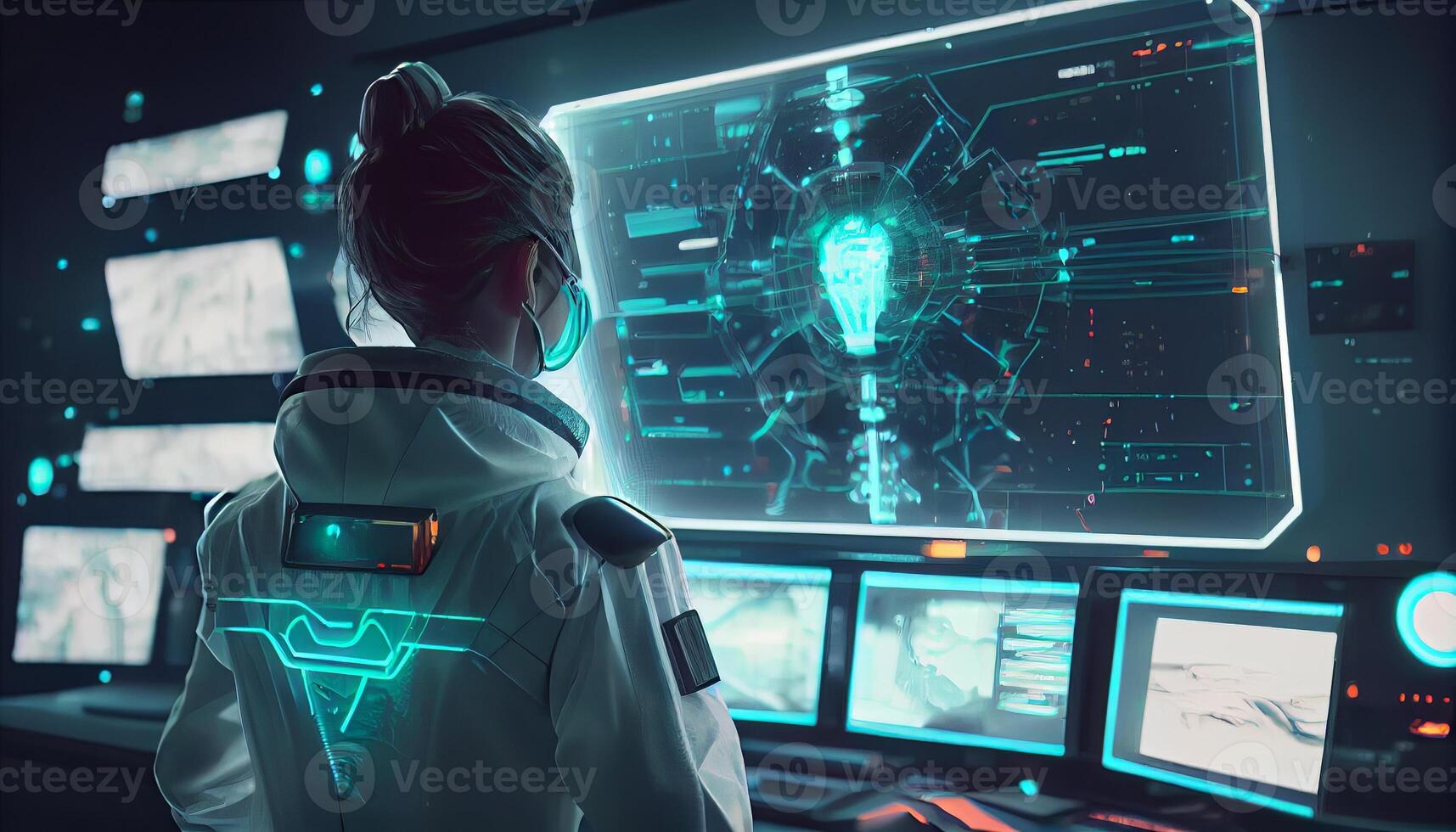 A scientist conducts experiments in the laboratory neon colored illustration for design photo