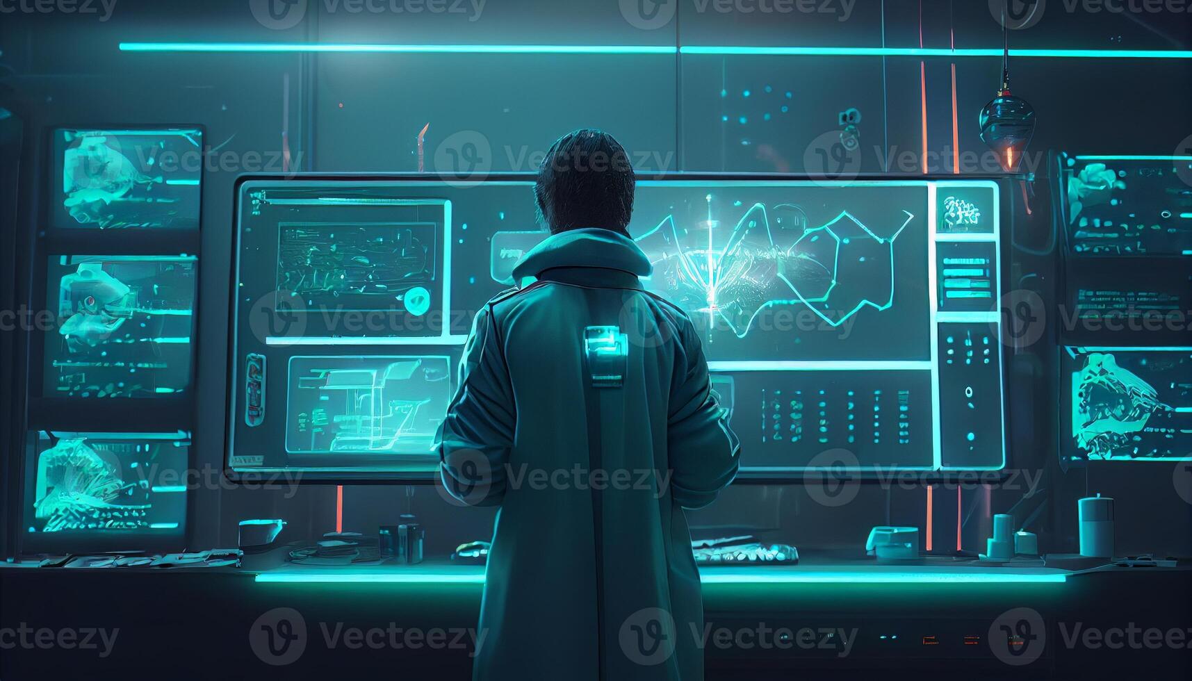 A scientist conducts experiments in the laboratory neon colored illustration for design photo