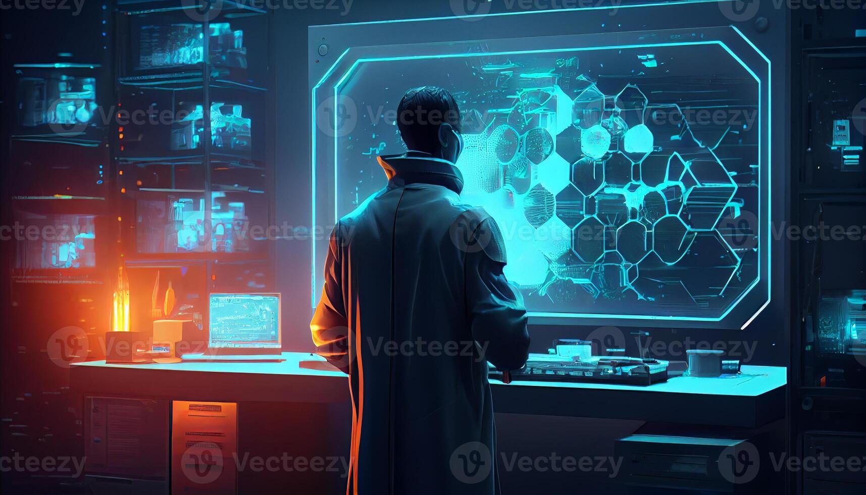 A scientist conducts experiments in the laboratory neon colored illustration for design photo